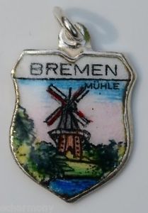Bremen GERMANY Muhle am Wall Windmill Vintage Silver Enamel Travel Shield Charm